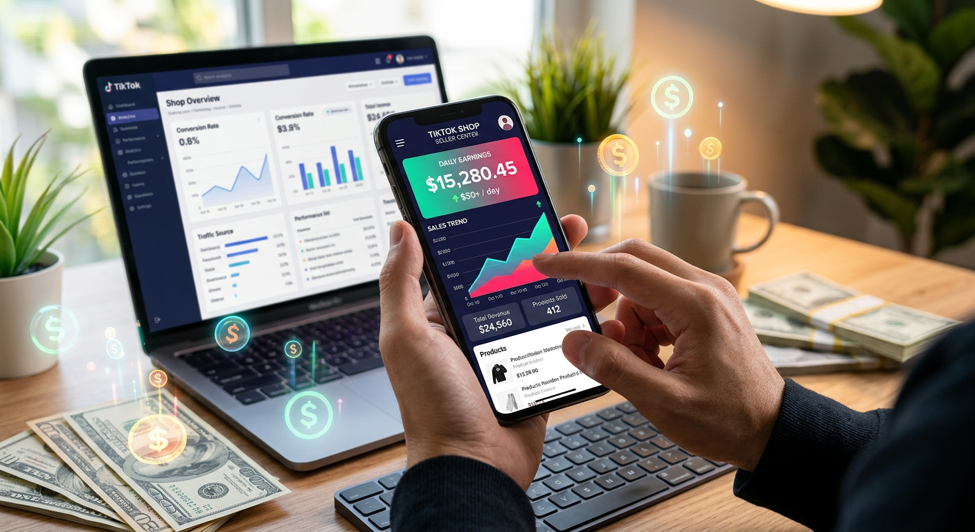 Pessoa segurando um smartphone com a interface do TikTok Shop mostrando lucros, acompanhado de um laptop com gráficos de ganhos e dólares flutuando, simbolizando sucesso em vendas online.
