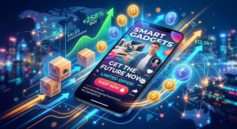 Ilustração digital de sucesso em dropshipping nacional e internacional via TikTok Ads, com smartphone exibindo VSL, produtos e gráficos de crescimento rápido. Representação do Método Jhonatas Silva.