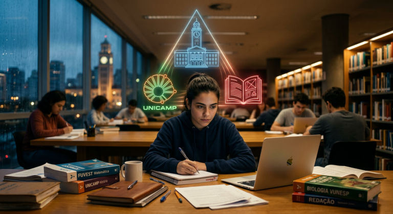Estudante focado com símbolos da Fuvest, Unicamp e Vunesp formando uma tríade conceitual, representando a intensa preparação para vestibulares paulistas.