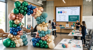 Uma complexa e vibrante escultura orgânica de balões premium em um ambiente de aprendizado moderno, representando a profissionalização da decoração com balões oferecida pela Universidade Cenário Balões 2.0.