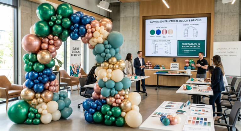 Uma complexa e vibrante escultura orgânica de balões premium em um ambiente de aprendizado moderno, representando a profissionalização da decoração com balões oferecida pela Universidade Cenário Balões 2.0.