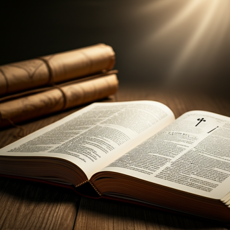 Open Bible with detailed pages and golden embossing on a wooden table, illuminated by warm light, evoking a study of the Scriptures.