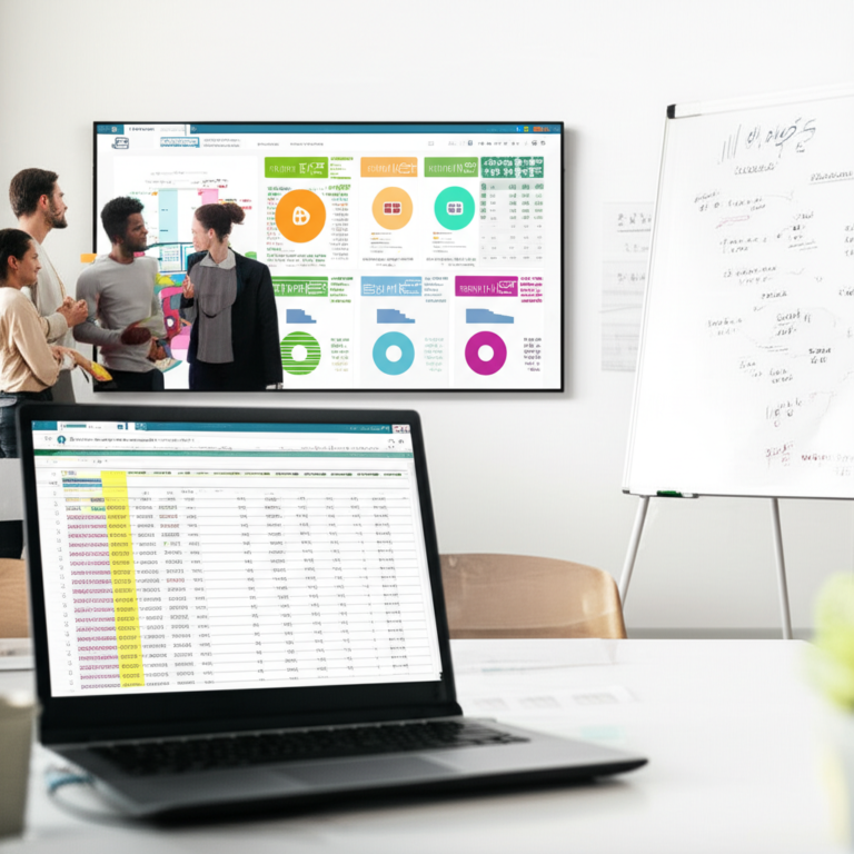 Profissionais analisando dados em telas com dashboards do Power BI e planilhas do Excel em um ambiente de escritório moderno.