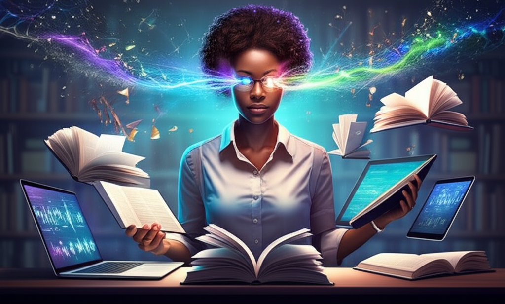Pessoa lendo rapidamente vários livros e telas digitais, com luzes e dados abstratos saindo de sua cabeça, simbolizando alta velocidade de leitura, cognição e retenção de informações com o Guia Metaleitura.