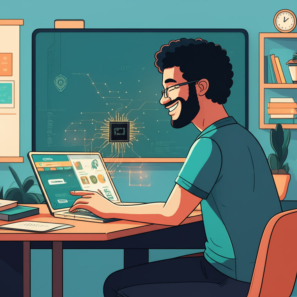 Professor brasileiro utilizando a plataforma Skooly com inteligência artificial para gerar planos de aula e materiais pedagógicos alinhados à BNCC, economizando tempo.