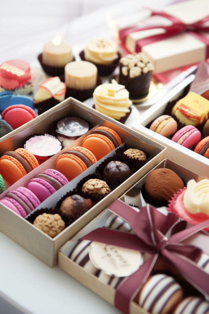 Seleção de doces gourmet cuidadosamente embalados para presente, com macarons coloridos, trufas e mini bolos decorados, evidenciando sofisticação e apresentação profissional para venda.