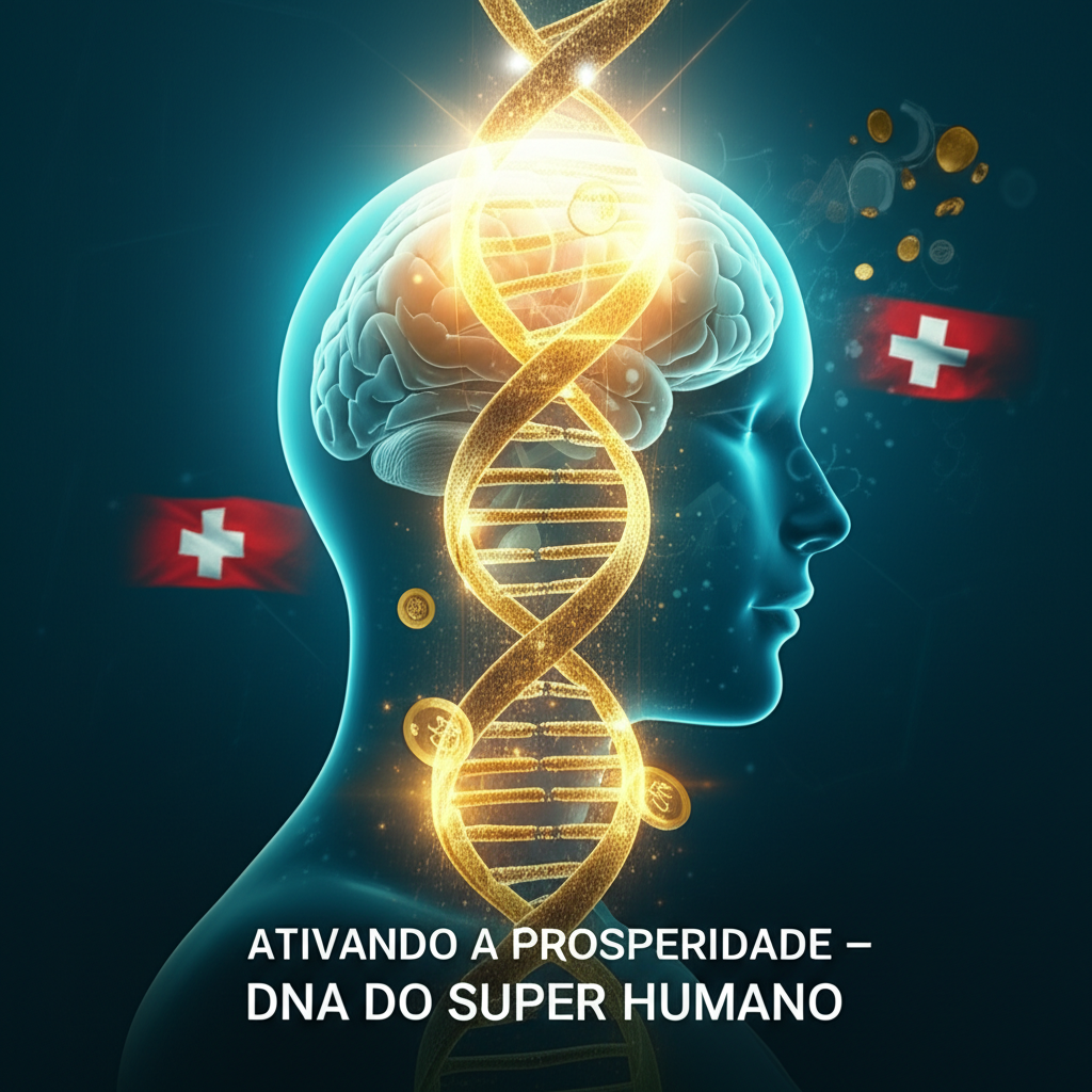 Ilustração digital de uma hélice de DNA dourada entrelaçada com um cérebro luminoso, rodeada por símbolos sutis de prosperidade e cores da bandeira suíça, representando o curso “Ativando a Prosperidade – DNA do Super Humano”.