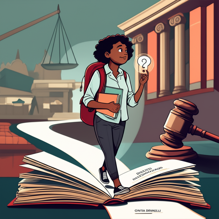 Ilustração de um estudante compreendendo conceitos jurídicos básicos, com elementos visuais que sugerem profundidade limitada e a necessidade de mentoria, para a análise do eBook 'Introdução ao Mundo do Direito' de Cintia Brunelli.