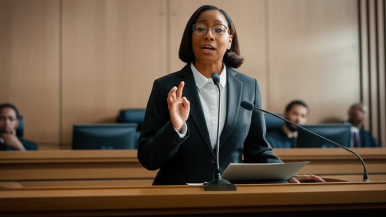 Advogado(a) confiante discursando em tribunal, representando o poder da oratória jurídica.
