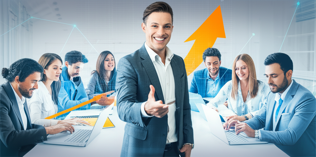 Victor Damásio com grupo de empreendedores engajados em ambiente digital, simbolizando o programa Comece o Ano Forte 2026 e sucesso no marketing digital.