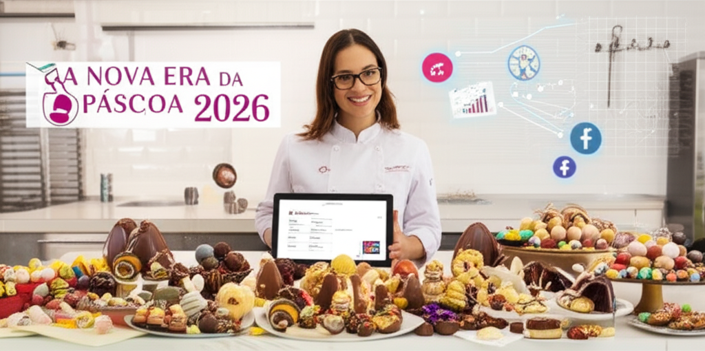 Ovos de Páscoa gourmet e confeiteira planejando vendas e organização para a Páscoa 2026 com o curso 'A Nova Era da Páscoa'.