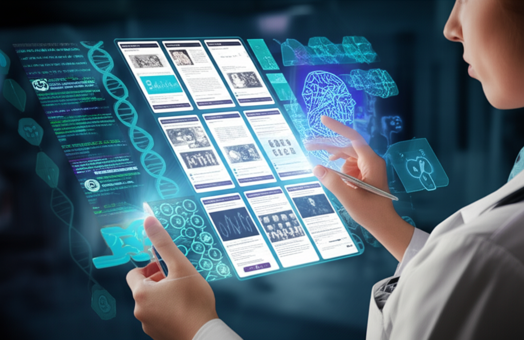 Médico ou estudante avançado utilizando a plataforma Medcards Combo Elite com flashcards de repetição espaçada em um tablet, simbolizando estudo eficiente para maestria e docência na medicina.