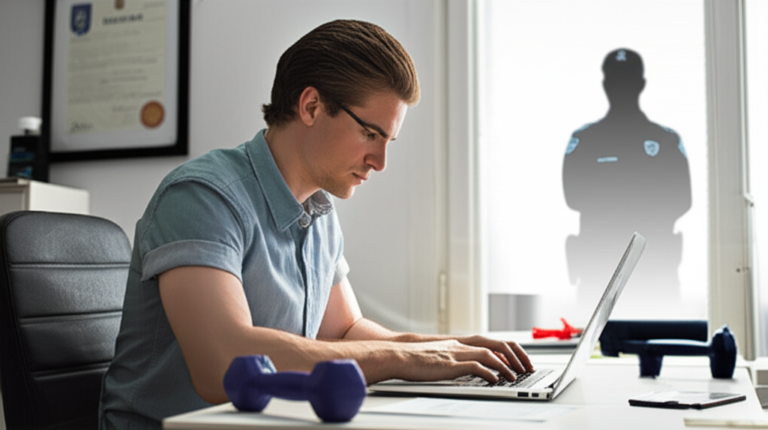 Estudante focado em laptop, símbolo de formação EAD em Educação Física do Instituto Óliver, com foco em carreira fitness e policial.