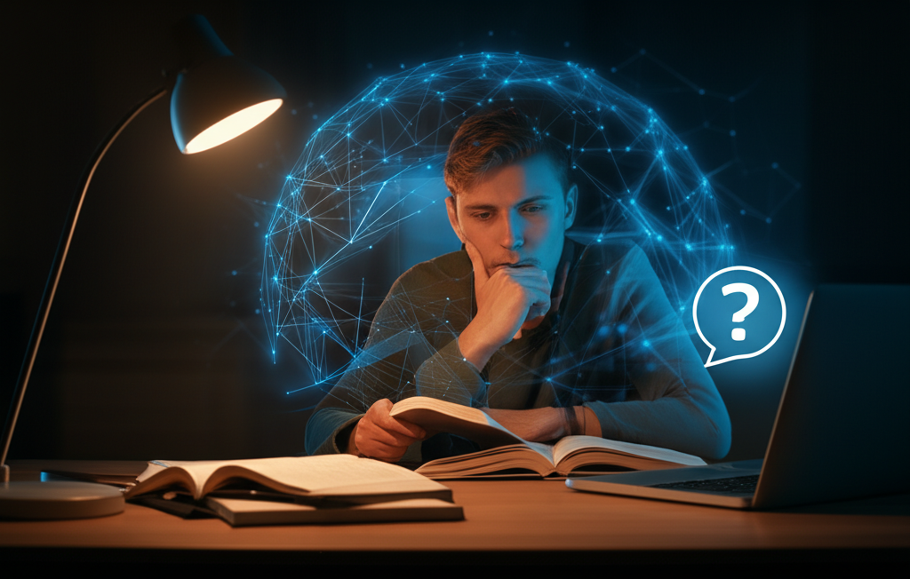 Estudante focado estudando em uma mesa à noite, com livros e laptop, com ícone sutil de suporte e elementos que representam memória e aprendizado 360 graus.