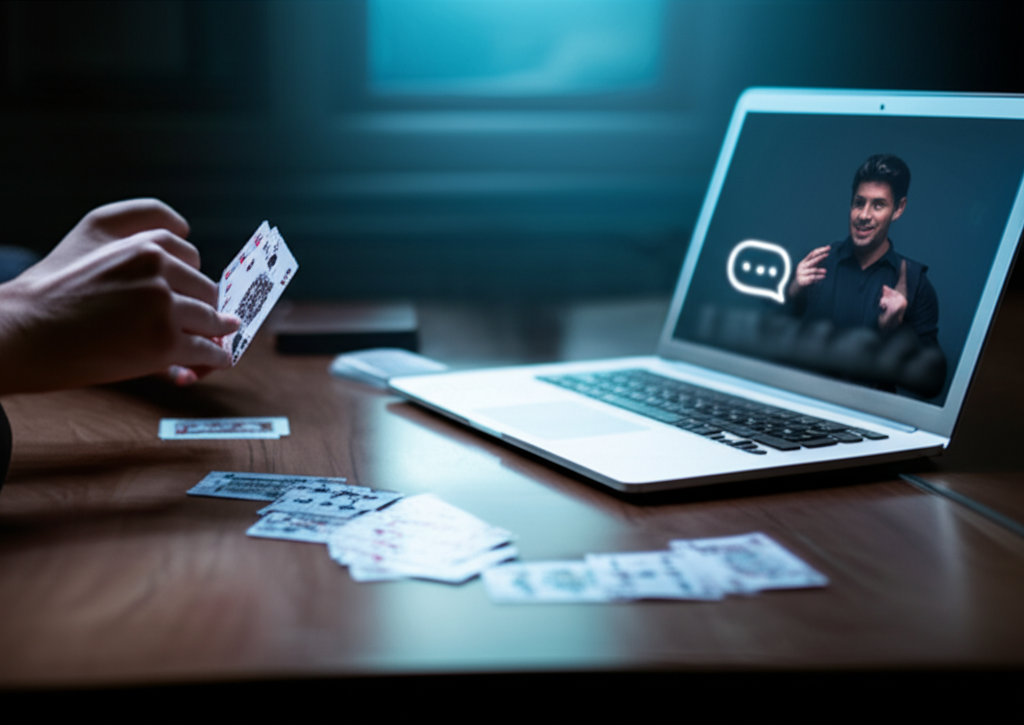 Estudante pratica mágica de cartas à noite, iluminado por laptop mostrando tutorial e um ícone de chat brilhante, simbolizando suporte online.