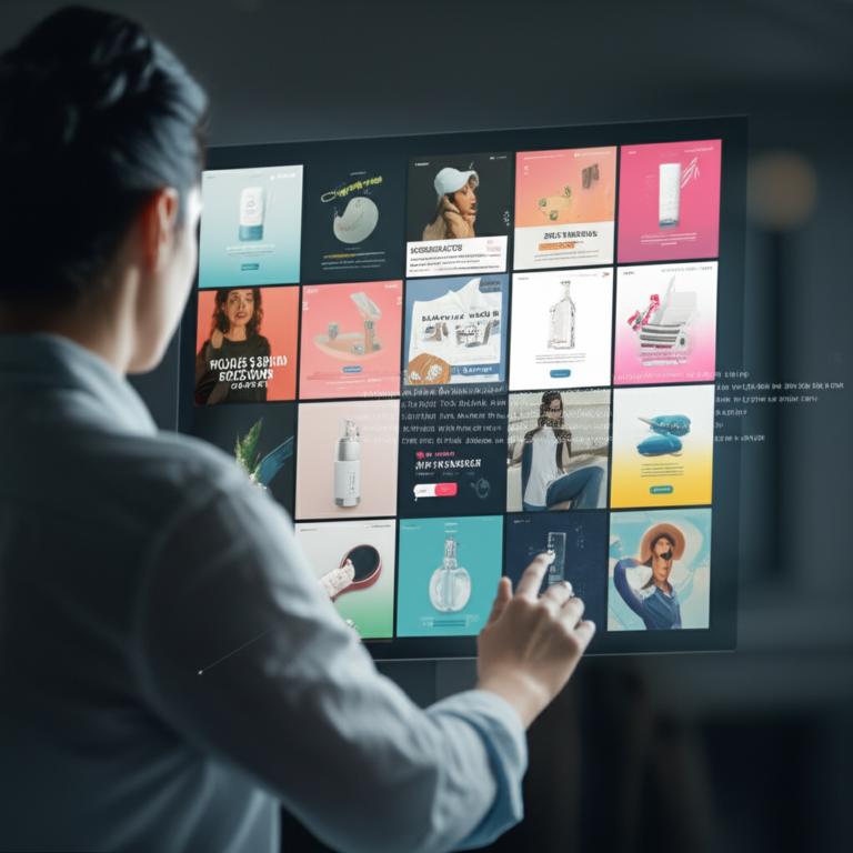 Ilustração de uma pessoa usando o CreativeLab.IA™ 2.0 para criar artes comerciais de alta conversão em minutos com prompts de inteligência artificial.