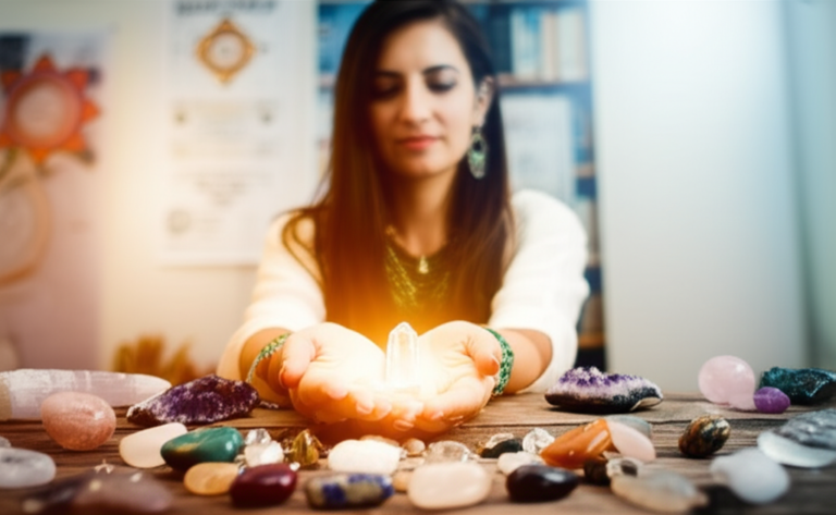 Curso de Cristaloterapia Certificado pela ABRATH: Vale a pena para quem quer ser Professor? 9 https://www.ondeaprender.com.br/aprender-sobre/page/31/ Mulher terapeuta holística segurando um cristal de quartzo em ambiente sereno, cercada por cristais de cura coloridos.