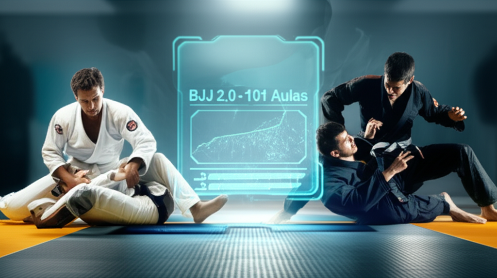 Jiu-Jitsu practitioner evolving from white belt to black belt using a digital learning platform called BJJ 2.0, symbolizing structured progress and mastery.