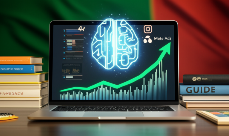 Dashboard de vendas em ascensão com ícones de IA, eBooks, guias, planners e logos do Instagram e Meta Ads, representando o curso Segredos da Renda Automática.