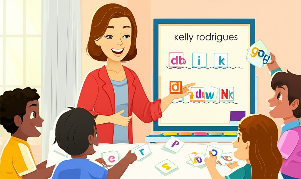 Professora sorridente ensinando um grupo de crianças a ler e escrever utilizando blocos de letras e flashcards coloridos em uma sala de aula alegre.