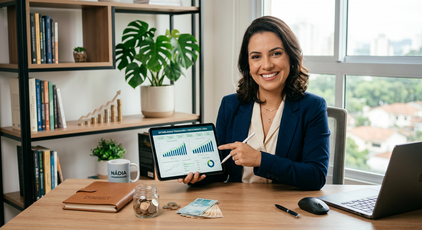 Mulher sorridente com gráficos financeiros, simbolizando organização e liberdade financeira do curso Viva Sempre com Dinheiro de Nádia C. B. Vieira Pace.