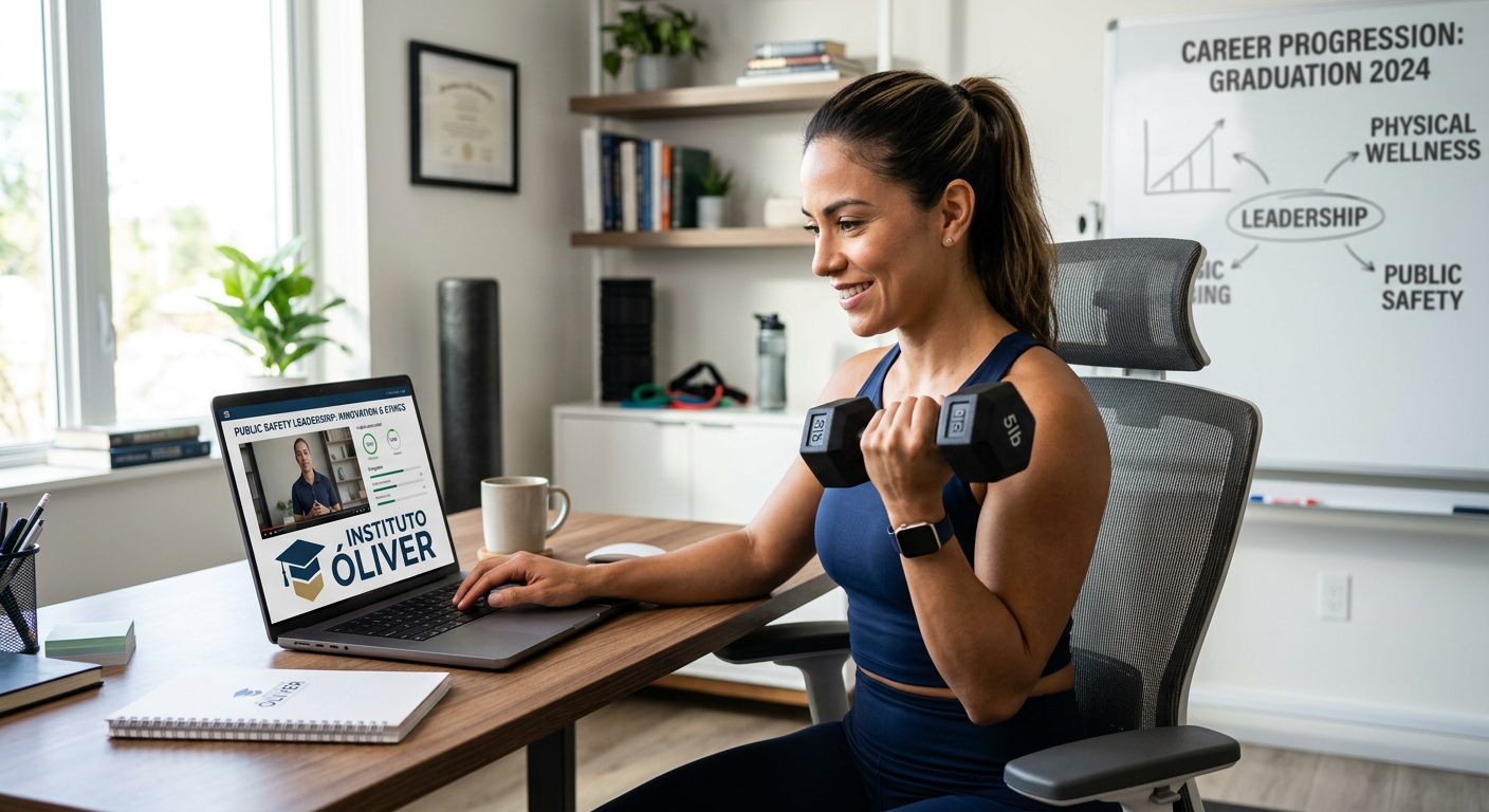 Estudante atlético em home office com laptop e halter, representando o Bacharelado EAD em Educação Física do Instituto Óliver.