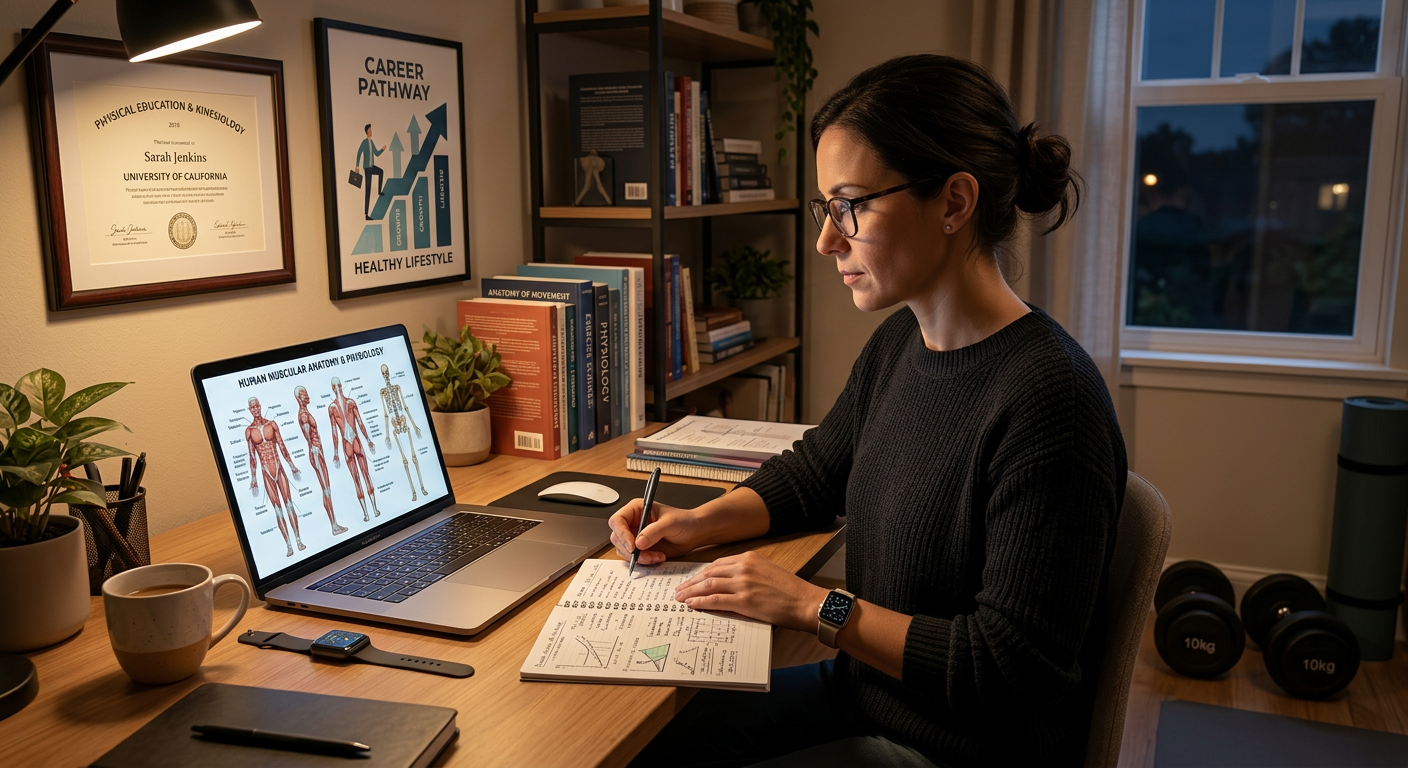 Profissional CLT estudando Bacharelado em Educação Física EAD do Instituto Óliver em casa, com laptop e elementos de fitness, simbolizando flexibilidade e crescimento de carreira.