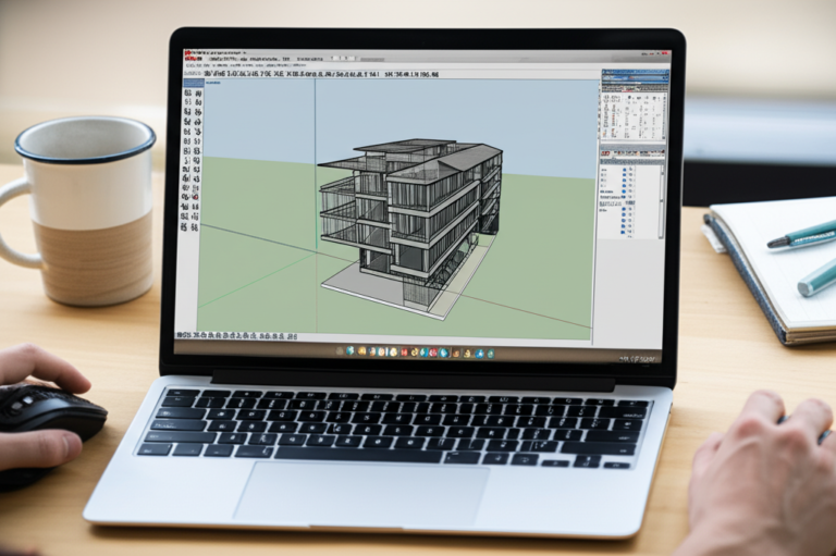 Pessoa usando SketchUp em laptop, visualizando e editando um modelo 3D de um prédio.