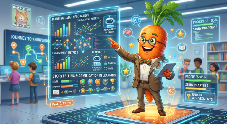Professor Cenoura, um personagem cenoura animado e amigável, ensinando com uma tela holográfica que mostra dados de IA otimizando o aprendizado e a retenção de alunos.