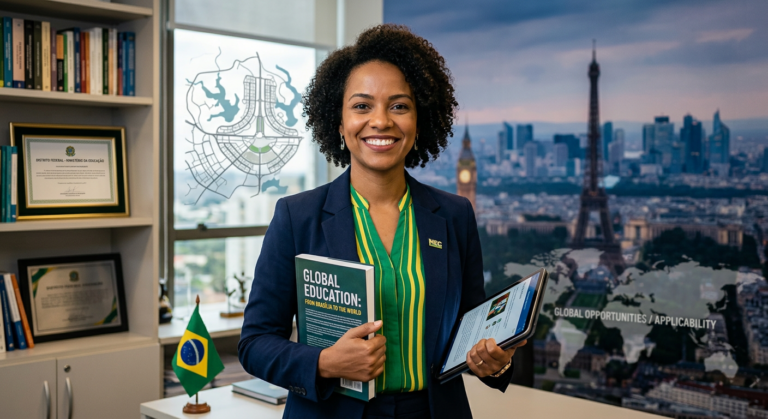 Professor(a) brasileiro(a) confiante com materiais de estudo, olhando para um mapa-múndi ou cenário internacional, representando sucesso em concursos educacionais e oportunidades globais.