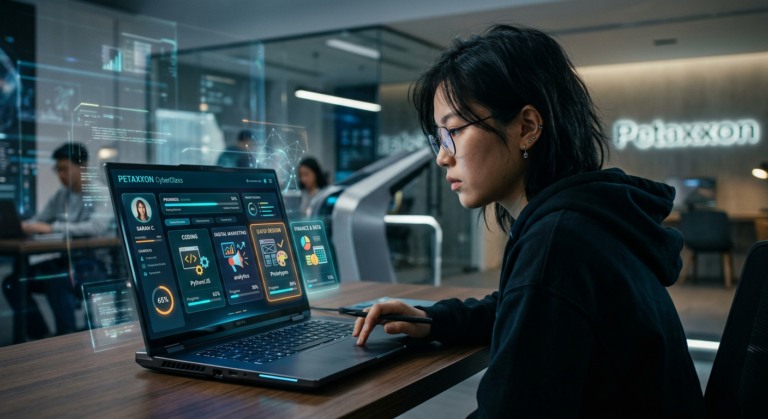 Pessoa estudando em laptop com interface futurista do CyberClass Petaxxon, mostrando acesso a diversos cursos online de habilidades digitais.