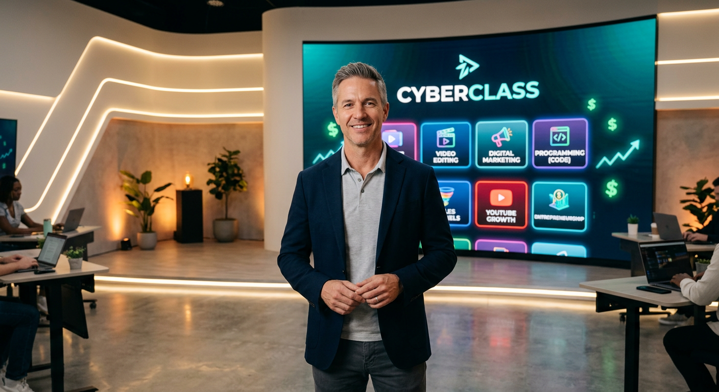 Peter Jordan em frente ao logo do CyberClass, cercado por ícones de cursos digitais e símbolos de monetização, representando aprendizado para ganhar dinheiro online.