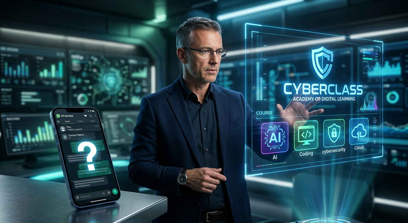 Peter Jordan analisando o suporte via WhatsApp do CyberClass, com celular mostrando chat e tela holográfica do curso.