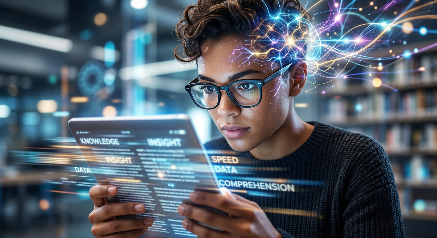 Pessoa lendo rapidamente um livro ou tablet, com símbolos de velocidade e neurônios ao redor, representando leitura dinâmica, foco e retenção do Curso Metaleitura.