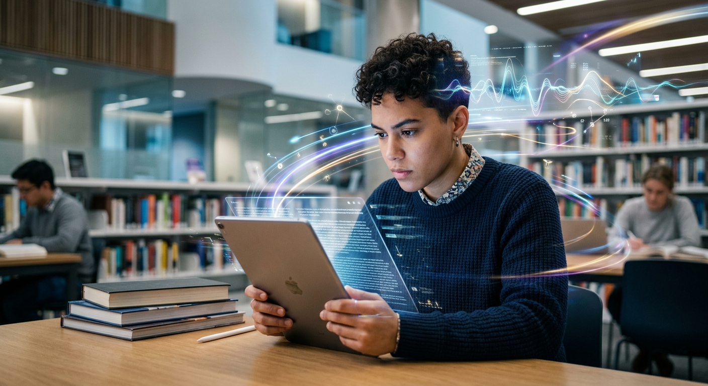 Pessoa lendo rapidamente em um tablet com elementos visuais de velocidade e atividade cerebral, simbolizando a Leitura Dinâmica Metaleitura de Renato Alves.