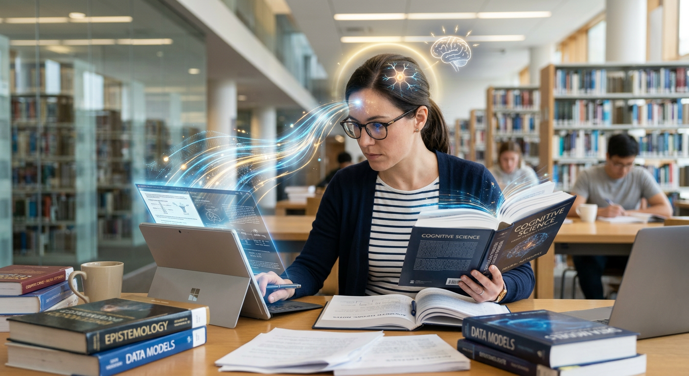Pessoa estudando com livros e tablet, com representação visual de leitura rápida e compreensão, ideal para futuros professores.