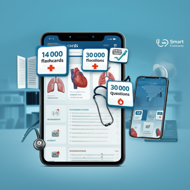 Ilustração de tablet e smartphone mostrando a interface do Medcards FULL com flashcards médicos, questões de residência e ícones de recursos multimídia.