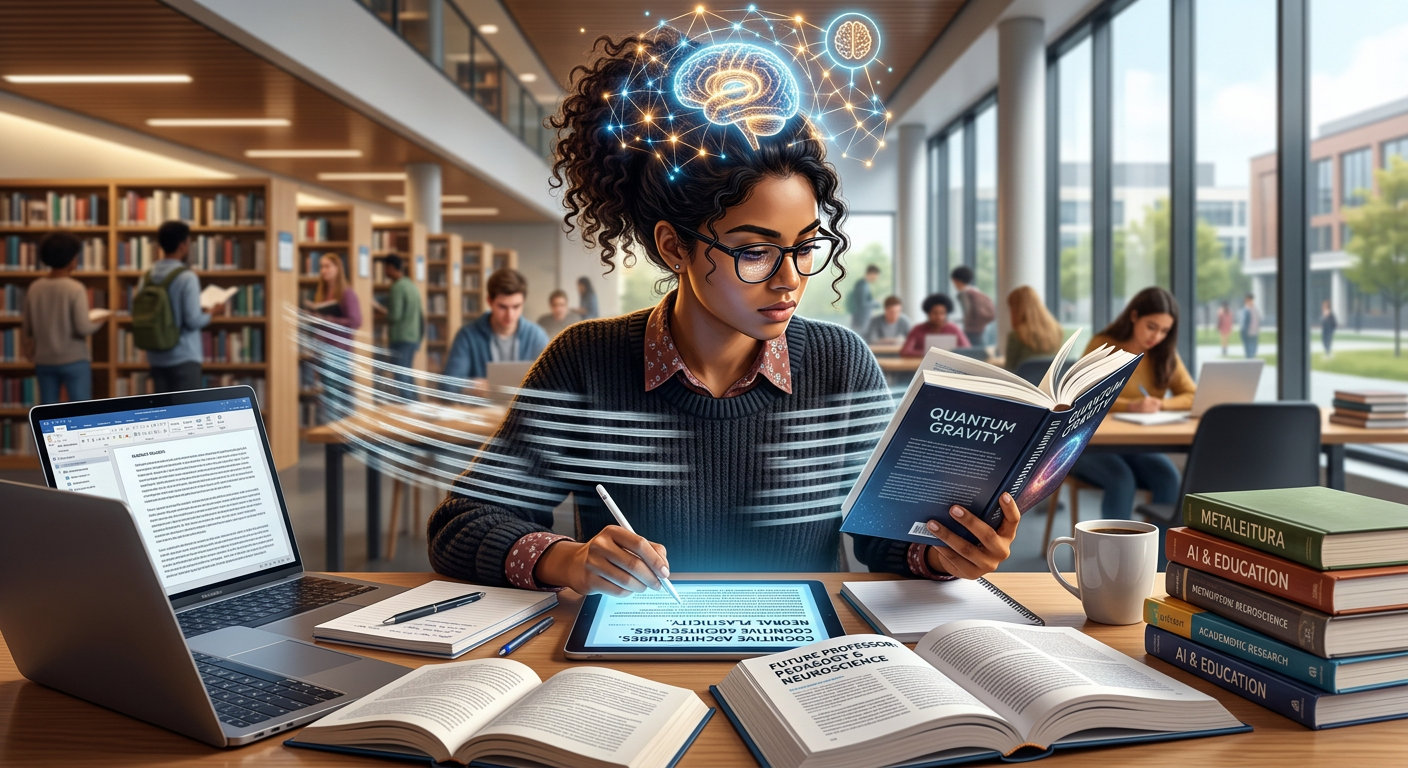 Pessoa lendo rapidamente múltiplos materiais com luz cerebral, simbolizando Metaleitura e neuroaceleração para futuros professores.