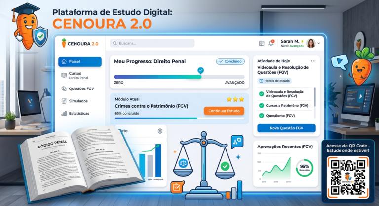 Interface da Plataforma do Cenoura 2.0 com elementos de Direito Penal, um gráfico de progresso de 'Zero ao Avançado' e um ícone de cenoura estilizado, focada em estudos para concursos FGV.