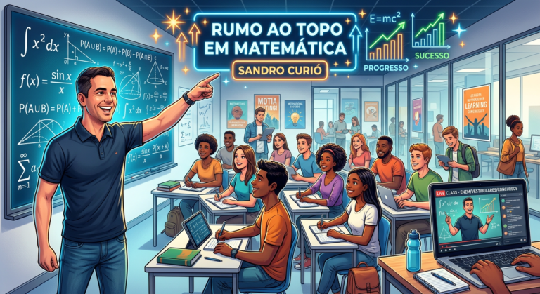 Sandro Curió ensinando matemática para alunos em frente a um quadro digital com fórmulas e gráficos, simulando uma aula preparatória para ENEM, vestibulares e concursos.