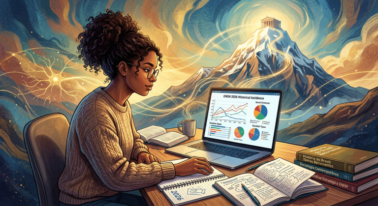 Jovem estudante focado em estratégia para ENEM e vestibulares em Ciências Humanas, com cenário que remete ao Monte Olimpo, simbolizando excelência e meta.