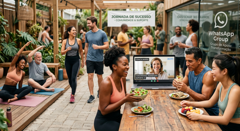 Pessoas diversas em jornada de transformação corporal contínua, com apoio de coach e comunidade online, simbolizando sucesso e bem-estar a longo prazo do STC.