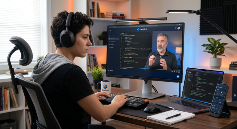 Jovem desenvolvedor Full Stack com fones de ouvido de alta qualidade estudando programação online, com vídeo nítido e código claro no monitor, representando a imersão no DevClub.