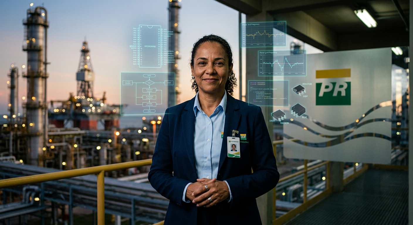 Engenheiro sênior confiante com fundo da Petrobras e elementos de circuitos elétricos, simbolizando sucesso e aprovação no concurso.