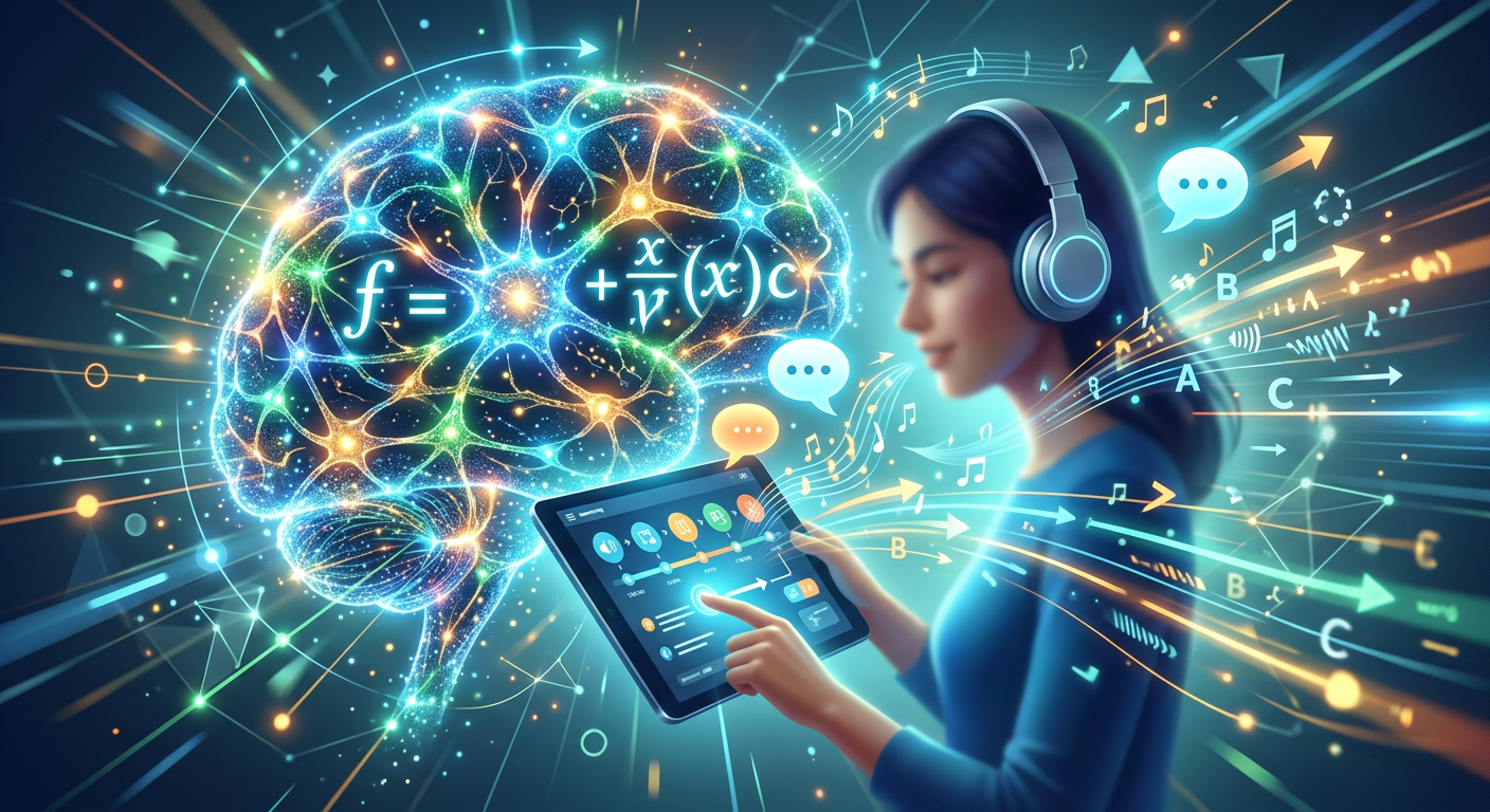 Ilustração conceitual da Fórmula da Fluência de Caio R, mostrando o aprendizado rápido de idiomas com blocos espaçados e fala conectada, em um ambiente digital moderno.