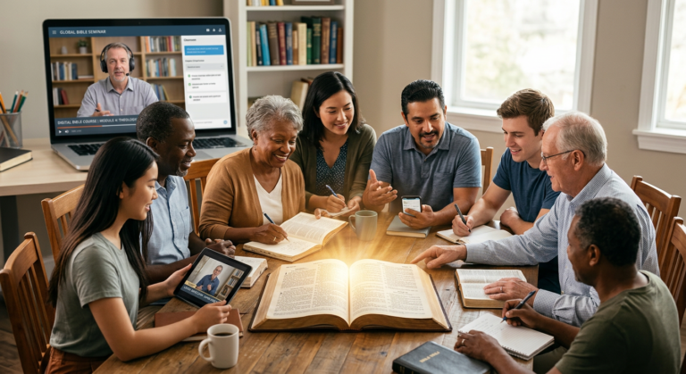 Grupo diverso de estudantes, incluindo jovens, adultos e idosos, imersos no estudo da Bíblia com dispositivos digitais, ilustrando o Curso Conheça Sua Bíblia do Presbítero André Sanchez.