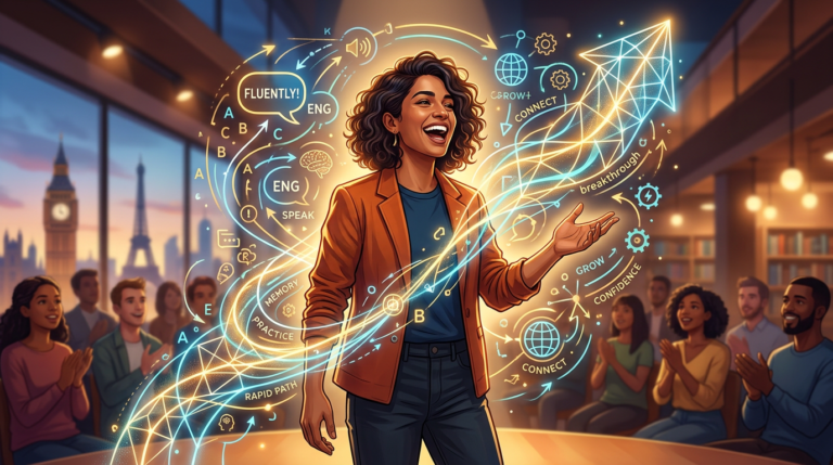 Pessoa expressando fluência em inglês com elementos gráficos de uma 'fórmula' e progresso, simbolizando o método de aprendizado rápido Fórmula da Fluência de Caio R.