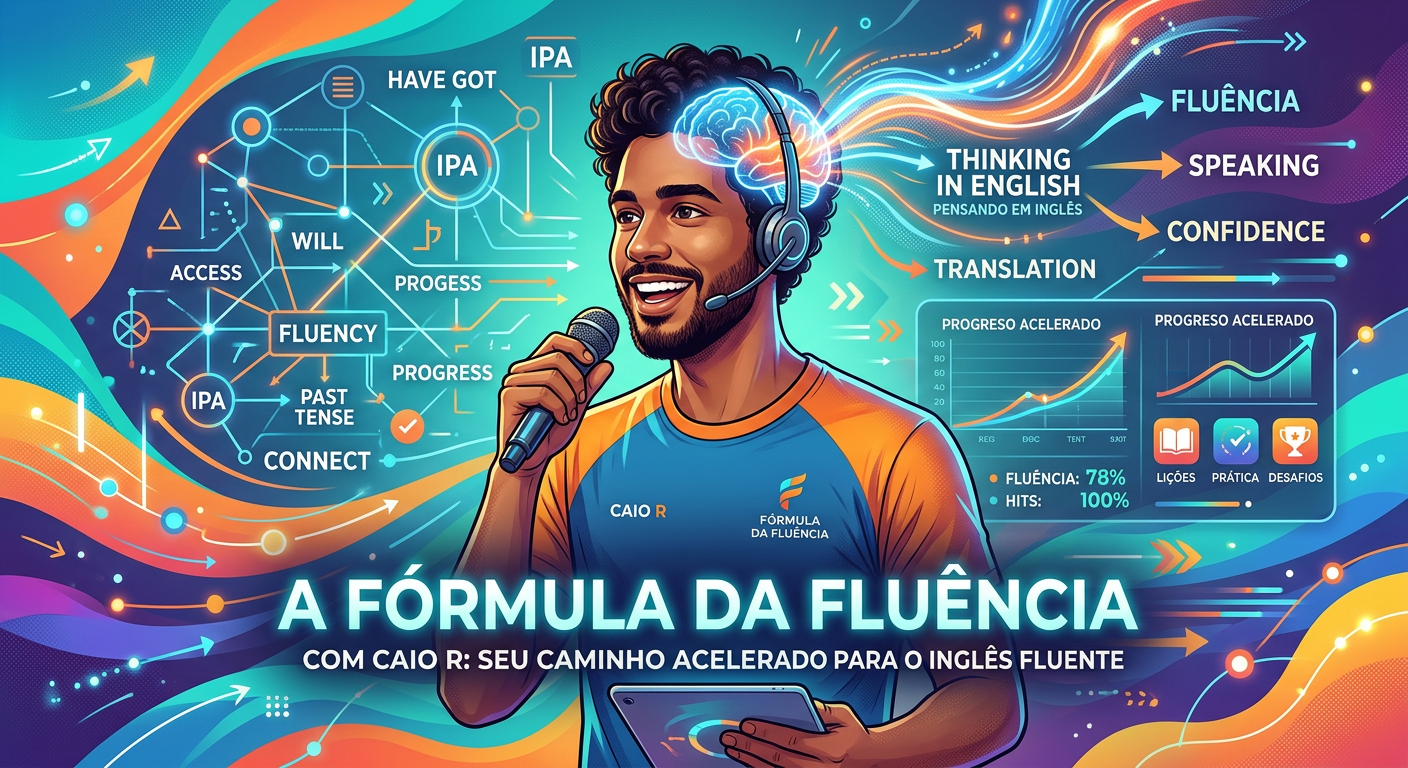 Jovem adulto aprendendo inglês com o método Fórmula da Fluência de Caio R, simbolizando fluência rápida e descomplicação da gramática.