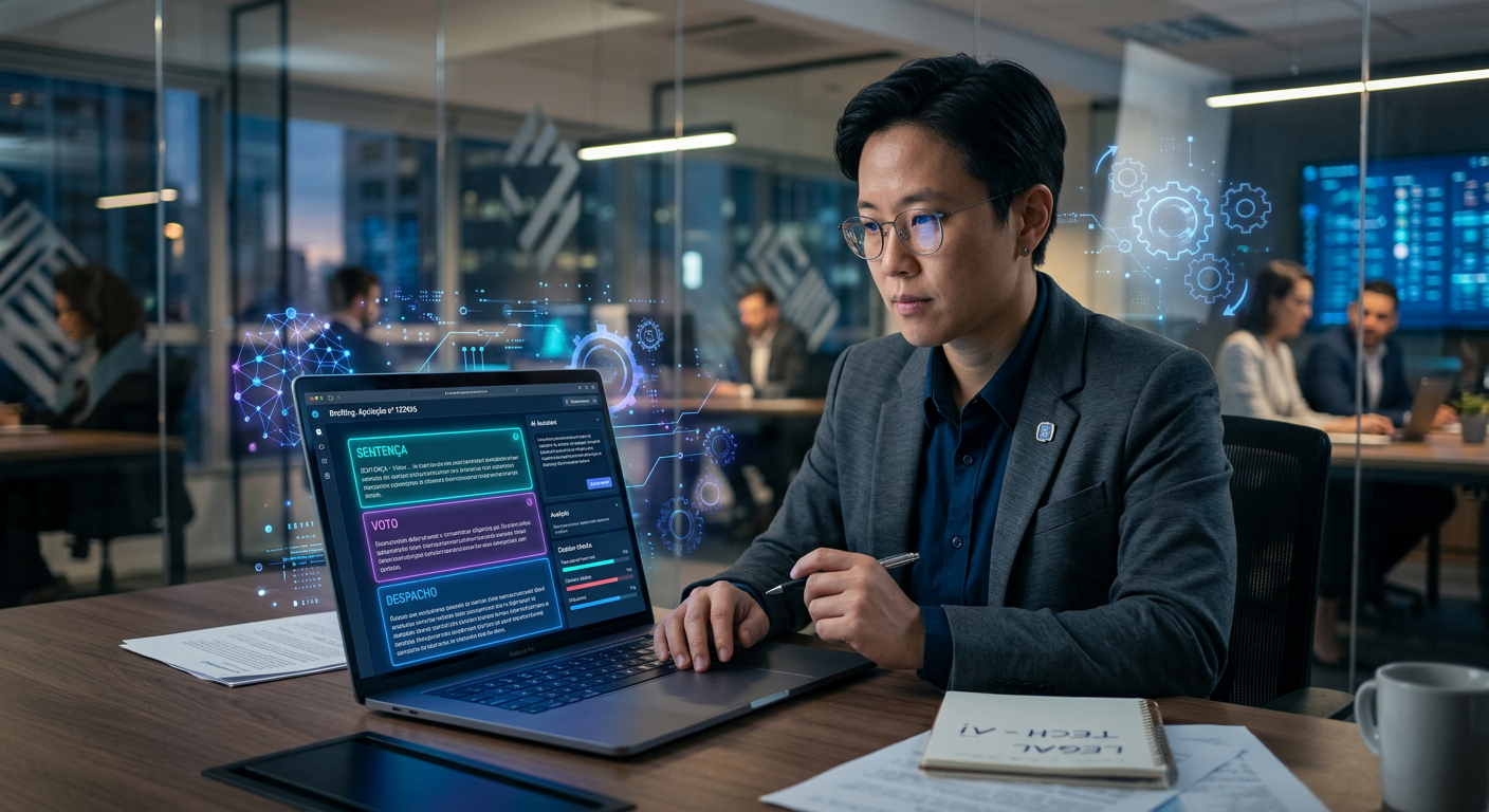 Jurista usando ferramentas digitais e IA para elaborar sentenças, votos e despachos.