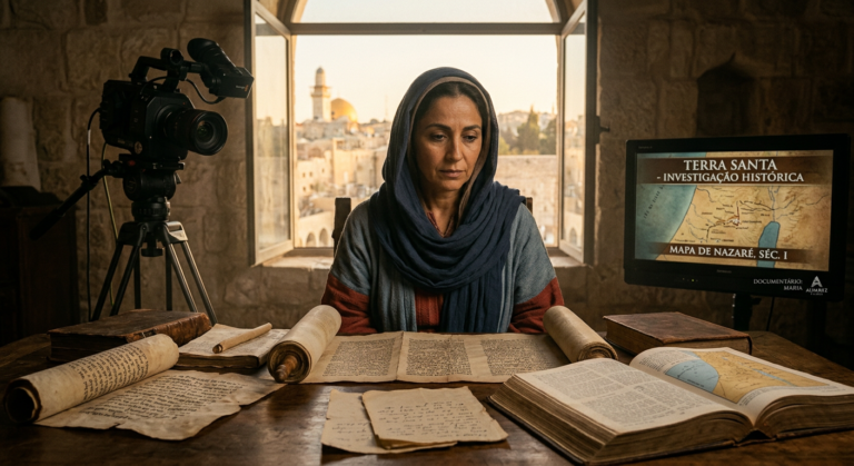 Imagem de Maria, mãe de Jesus, com elementos históricos como pergaminhos e mapas, e sutis referências a um curso online ou documentário, simbolizando a união de fé e pesquisa.